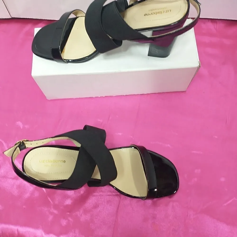 Liz Claiborne Womens SZ 11M Refined Comfort Black Strappy Block Heels .